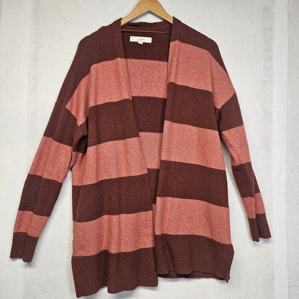 LOFT Open Front Striped Cardigan Sweater Burgundy Pink Slouchy Cozy Size M